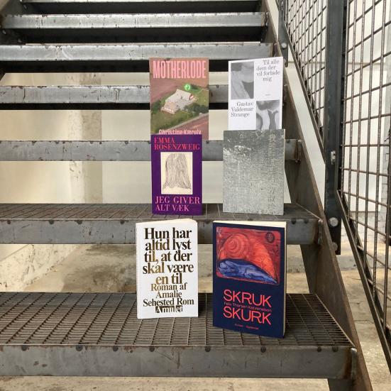 De seks bøger placeret på trappe